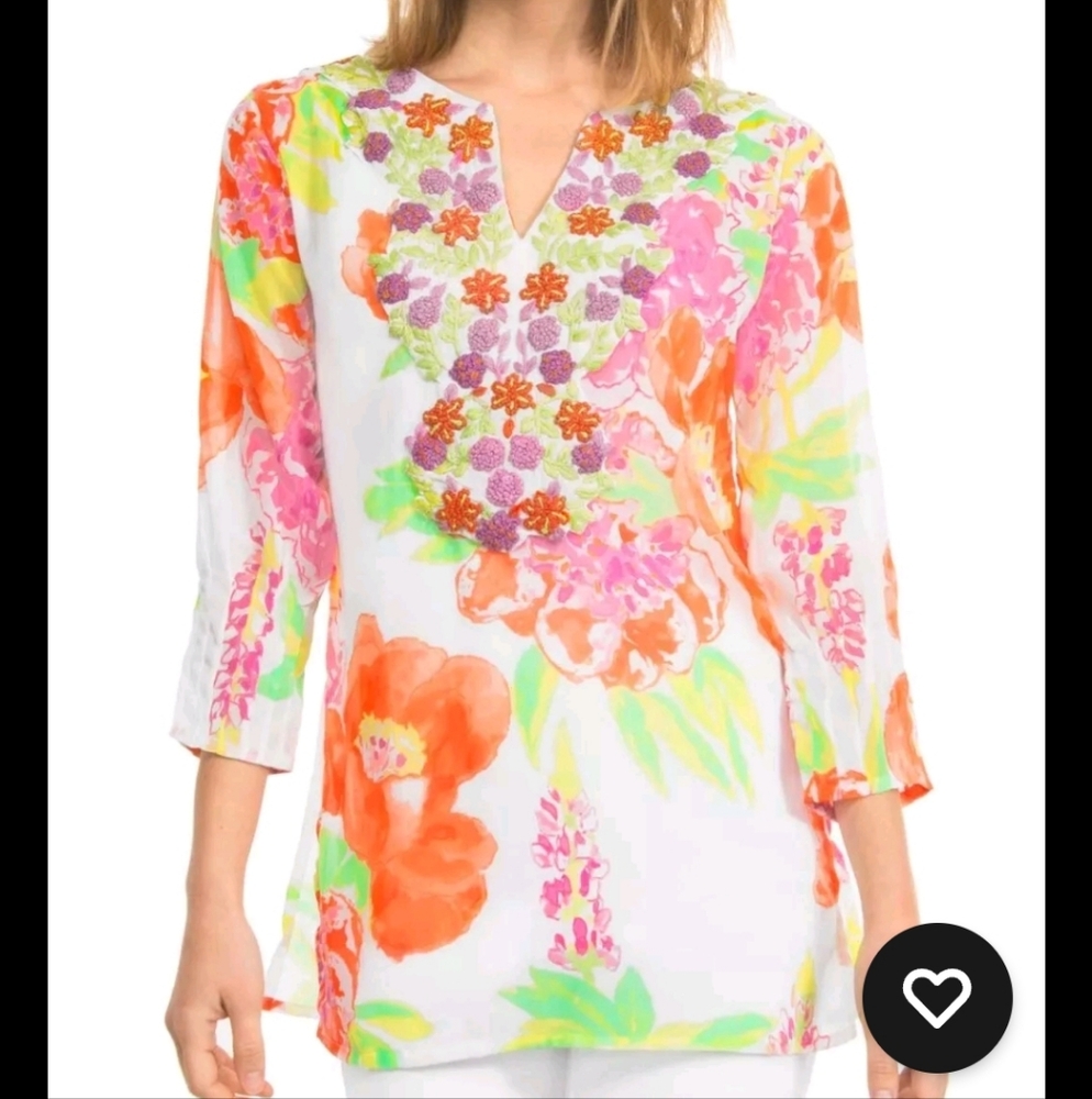 Gretchen Scott Designs Orange Pink Embellished 3/4 Sleeve Tunic